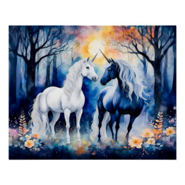 Twee eenhoorns staan samen onder de sterrenhemel perfect poster