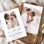 Twee Eenvoudige Foto's bewaren het Afbeelding van  Save The Date<br><div class="desc">Aangepaste en gepersonaliseerde foto op de voor- en achterkant van elegante en moderne Save the Date Wedding Invitations - bevat prachtige en elegante scripttypografie voor de speciale dag van de bruiloft.</div>