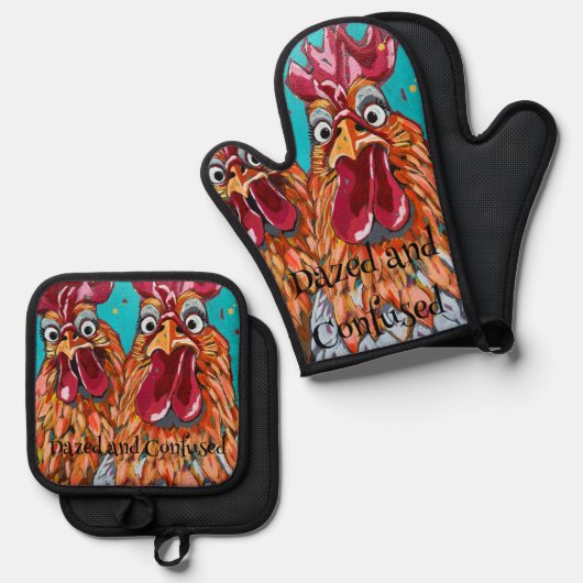 Twee eigenzinnige hanen ovenwant & pannenlap set (Voorkant / Achterkant)