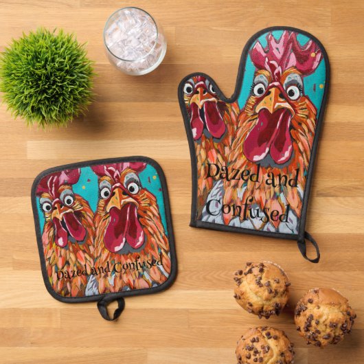 Twee eigenzinnige hanen ovenwant & pannenlap set (Top down)