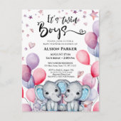 Twee-eiige jongens Olifant Blauwe Ballonnen Mooie  Uitnodiging Briefkaart (Voorkant)