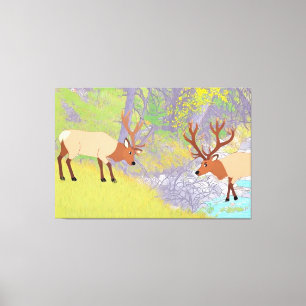 Twee elanden in herfstrivierbos canvas afdruk