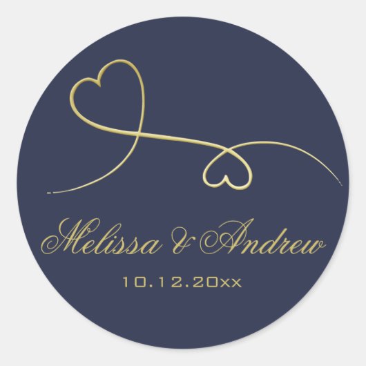 Twee Elegant Gold Hearts-gepersonaliseerde blauwe Ronde Sticker (Voorkant)
