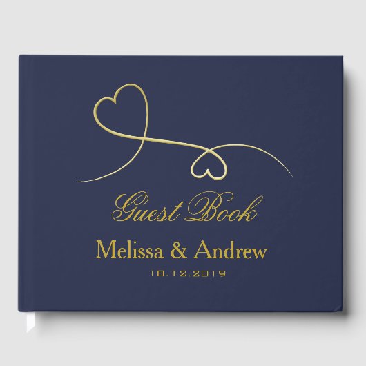 Twee Elegant Gold Hearts | Navy Blue Wedding Gastenboek (Voorkant)