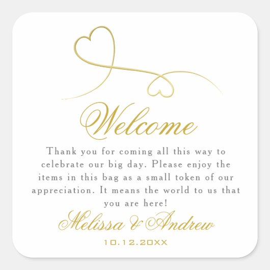 Twee Elegant Gold Hearts | Welkom bruiloft Vierkante Sticker (Voorkant)