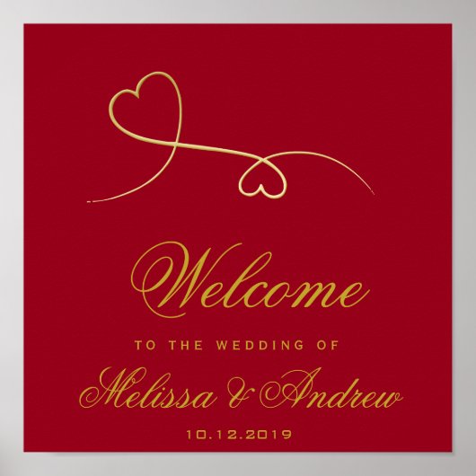 Twee Elegant Gold Hearts | Welkom rood huwelijk Poster (Voorkant)