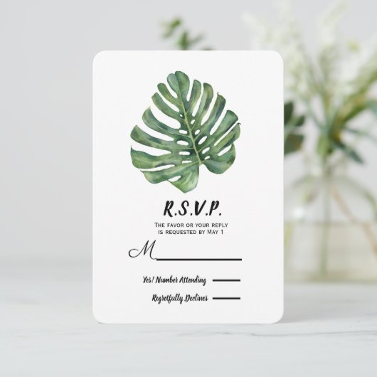 Twee Elegant Palm laat tropische bruiloft RSVP (Staand voorkant)