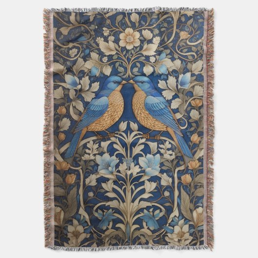Twee elegante blauwe vogels William Morris geïnspi Deken (Voorkant Verticaal)