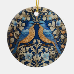 Twee elegante blauwe vogels William Morris geïnspi Keramisch Ornament