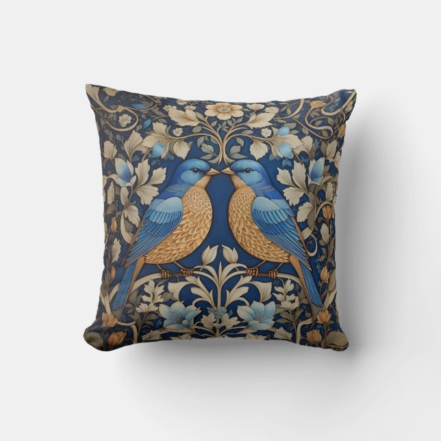 Twee elegante blauwe vogels William Morris geïnspi Kussen (Voorkant)