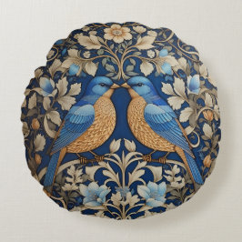 Twee elegante blauwe vogels William Morris geïnspi Rond Kussen
