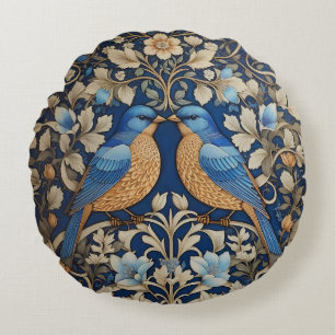 Twee elegante blauwe vogels William Morris geïnspi Rond Kussen