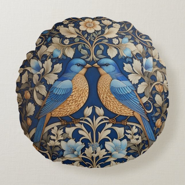 Twee elegante blauwe vogels William Morris geïnspi Rond Kussen (Voorkant)