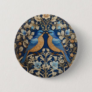 Twee elegante blauwe vogels William Morris geïnspi Ronde Button 5,7 Cm