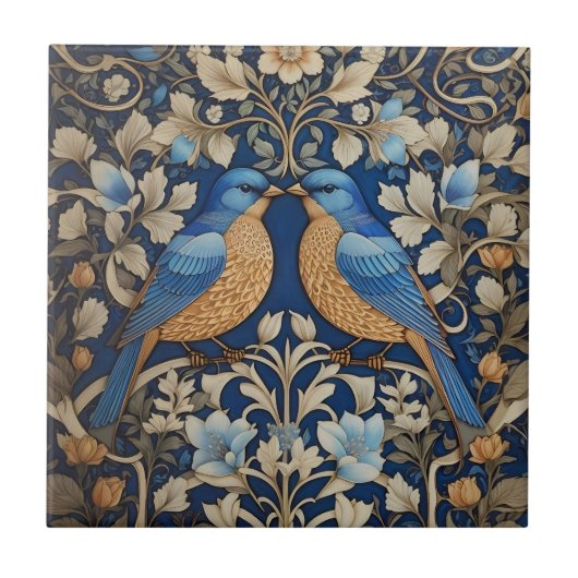 Twee elegante blauwe vogels William Morris geïnspi Tegeltje (Voorkant)