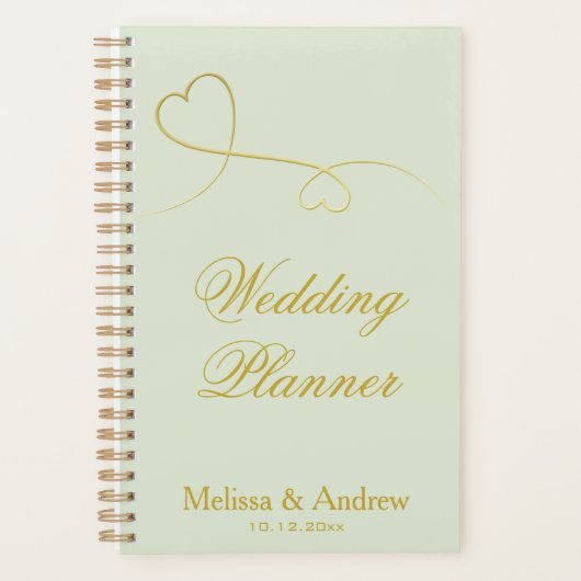 Twee elegante gouden harten | Sage Groene Bruiloft Planner (Voorkant)