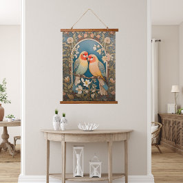 Twee Elegante Lovebirds Bloemen Hangend Wandkleed