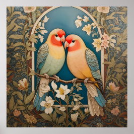 Twee Elegante Lovebirds Bloemen Poster