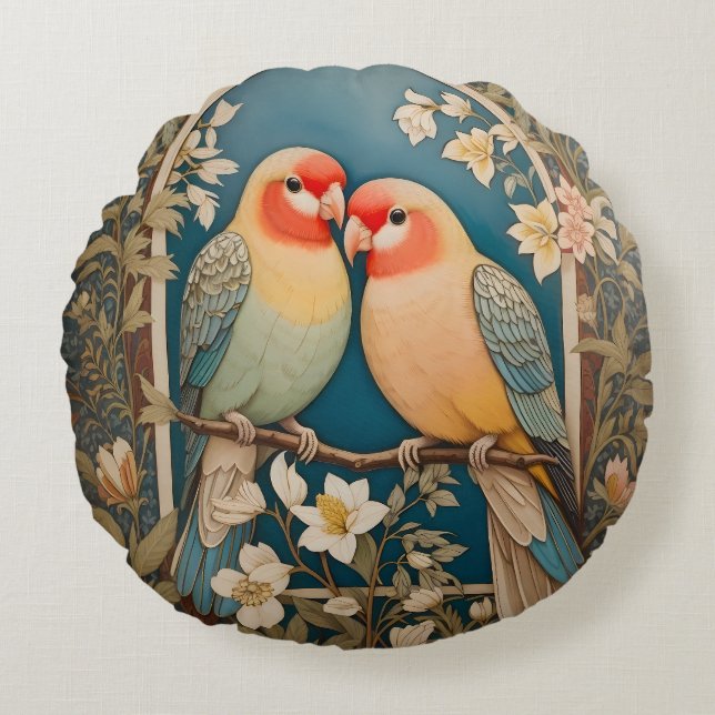 Twee Elegante Lovebirds  Bloemen Rond Kussen (Voorkant)