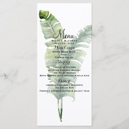 Twee elegante palmbladeren Tropische bruiloft menu (Voorkant)