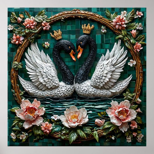 Twee elegante zwanen met kronen poster (Voorkant)
