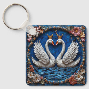 Twee Elegante Zwanen Met Kronen Sleutelhanger