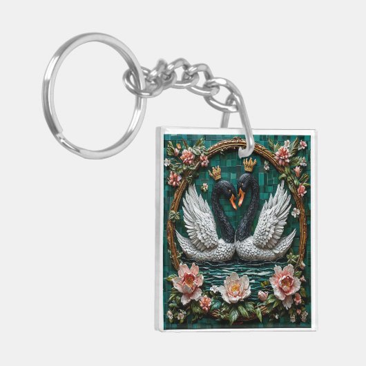 Twee elegante zwanen met kronen sleutelhanger (Voorkant Links)