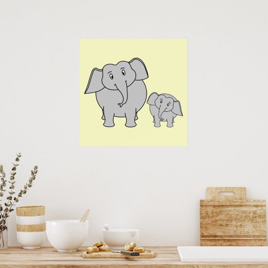 Twee Elephants. Volwassenen en Baby. Poster (Keuken)