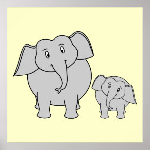 Twee Elephants. Volwassenen en Baby. Poster