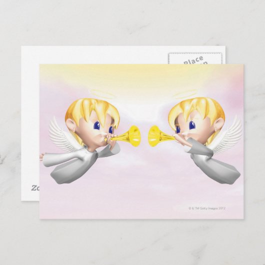 Twee engelen blazen hoorns, CG, 3D, Illustratie, Briefkaart (Voorkant / Achterkant)