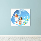 Twee engelen die op de wolken zitten canvas afdruk (Insitu (Houten vloer))