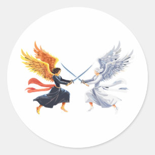 Twee engelen met groot zwaard met open vleugels ronde sticker
