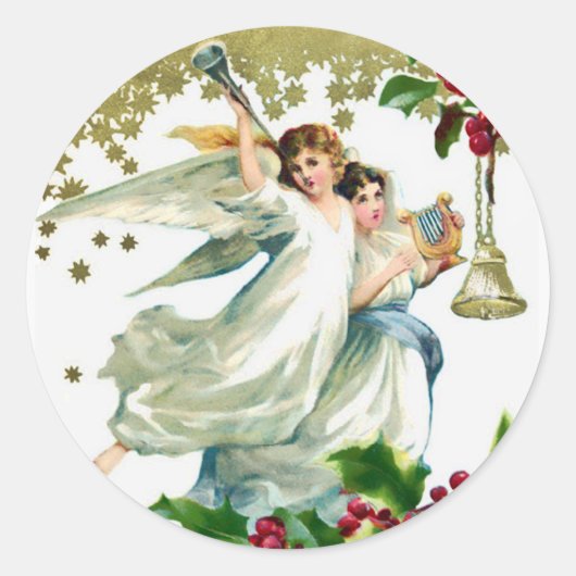 Twee engelen met kerstballen ronde sticker (Voorkant)