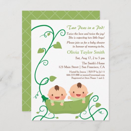 Twee erwten in een pod Baby Shower Uitnodigingen (Voorkant / Achterkant)