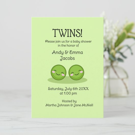 Twee erwten in een pod twin baby douche uitnodigin kaart (Staand voorkant)