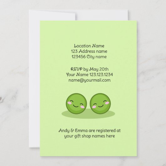 Twee erwten in een pod twin baby douche uitnodigin kaart (Achterkant)