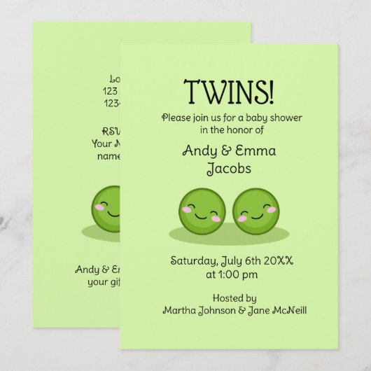 Twee erwten in een pod twin baby douche uitnodigin kaart (Voorkant / Achterkant)