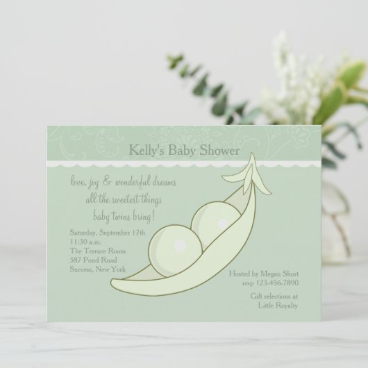 Twee erwten in een uitnodiging tot het Baby shower (Staand voorkant)