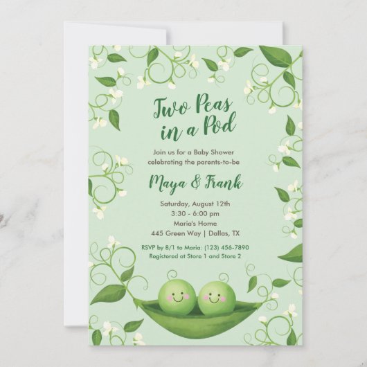Twee erwten in een uitnodiging van het Baby shower (Voorkant)