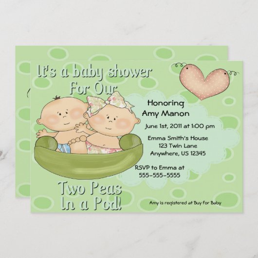 Twee erwten in een uitnodiging voor het Baby showe (Voorkant / Achterkant)