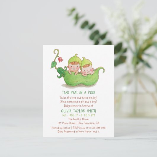 Twee erwten in een Waterverf met twee Baby showers Kaart (Staand voorkant)