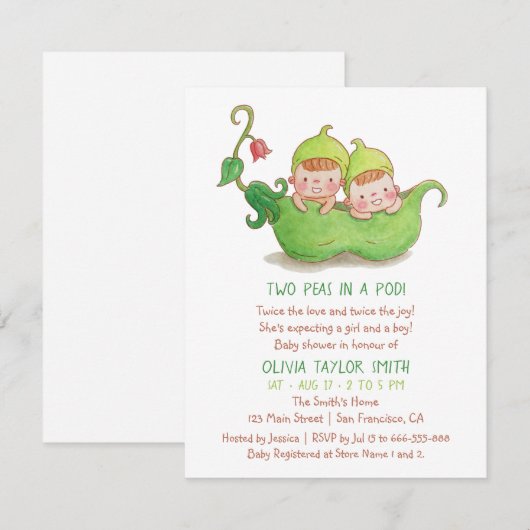 Twee erwten in een Waterverf met twee Baby showers Kaart (Voorkant / Achterkant)