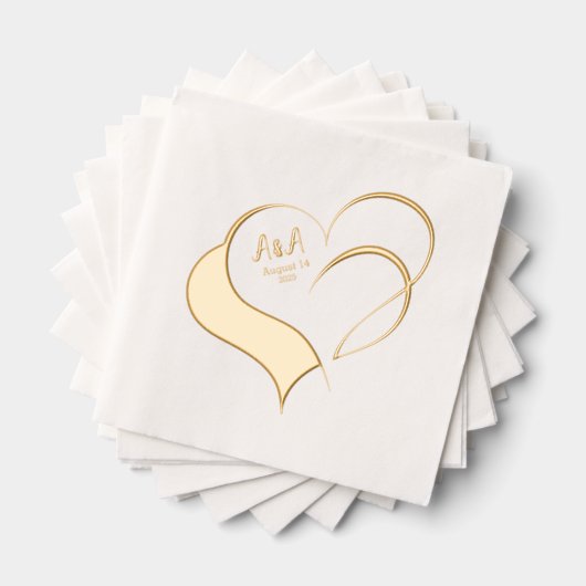 Twee Fancy Gold Foil Hearts Wedding Monogramed Folie Servetten (Insitu (Gestapeld))