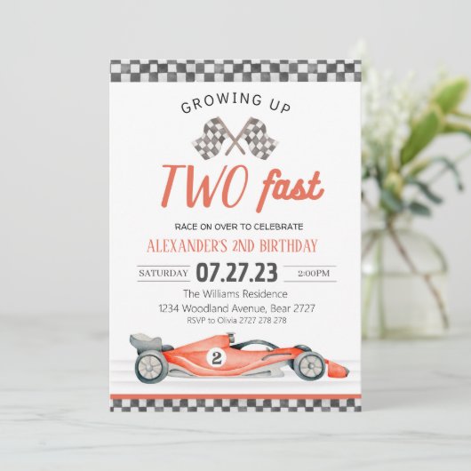 TWEE Fast Birthday Invitation Race Car 2e verjaard Kaart (Staand voorkant)