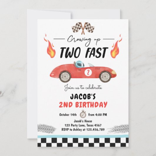 Twee Fast Birthday Party Race Car 2e verjaardag In Kaart (Voorkant)