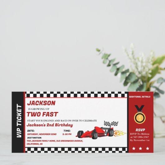 Twee Fast Birthday Race Car Racing Party Ticket Kaart (Staand voorkant)