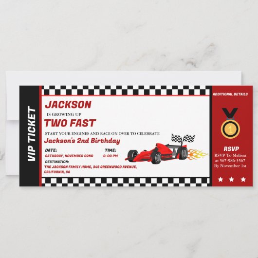 Twee Fast Birthday Race Car Racing Party Ticket Kaart (Voorkant)