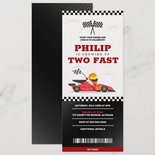 Twee Fast Birthday Race Car Racing Party Ticket Kaart (Voorkant / Achterkant)