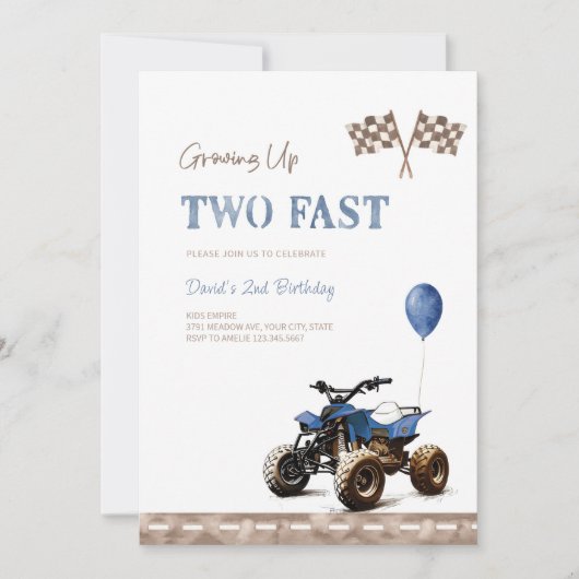 TWEE Fast Blue 4 Wheeler Verjaardag uitnodiging (Voorkant)