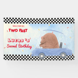 Twee Fast Blue Beer Race Car 2e HBD Party Spandoek